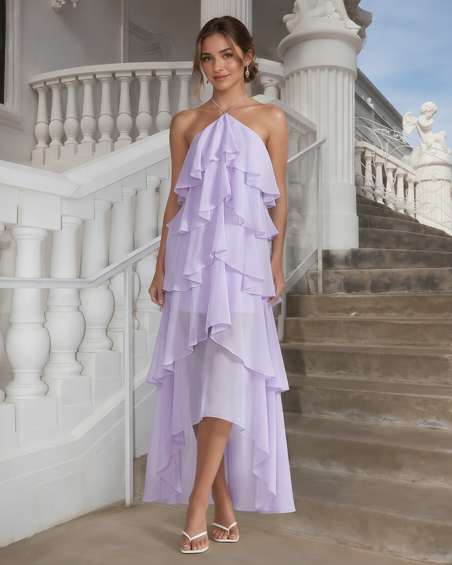 One-Shoulder Tiered Ruffle High-Low Chiffon Formal Dress
