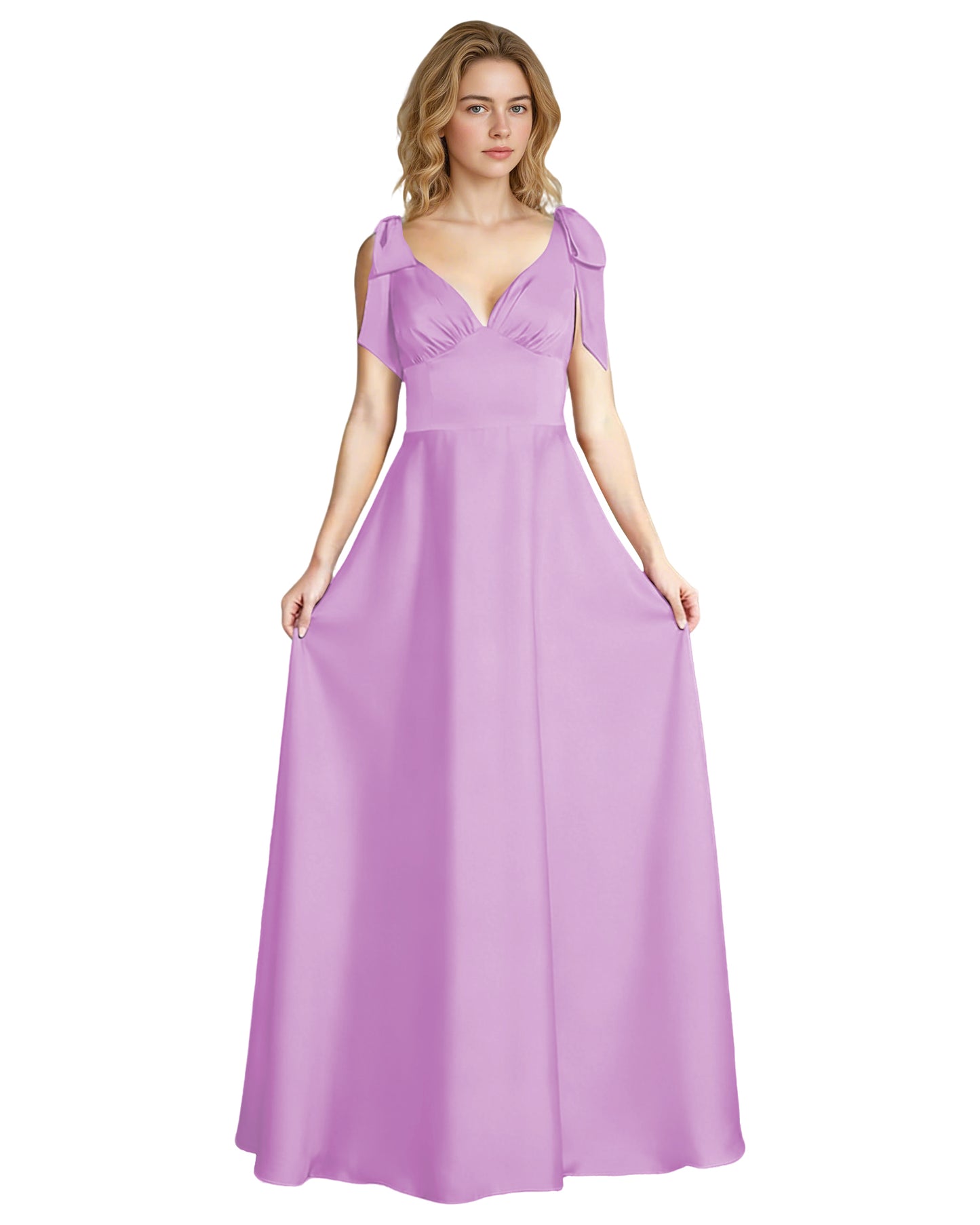 V-Neck Bow Strap Satin Bridesmaid Dress with Empire Waist
