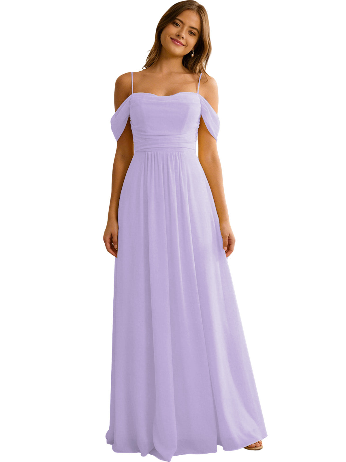 Off Shoulder Chiffon Bridesmaid Dress with Soft Pleated Bodice