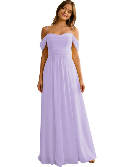 Off Shoulder Chiffon Bridesmaid Dress with Soft Pleated Bodice
