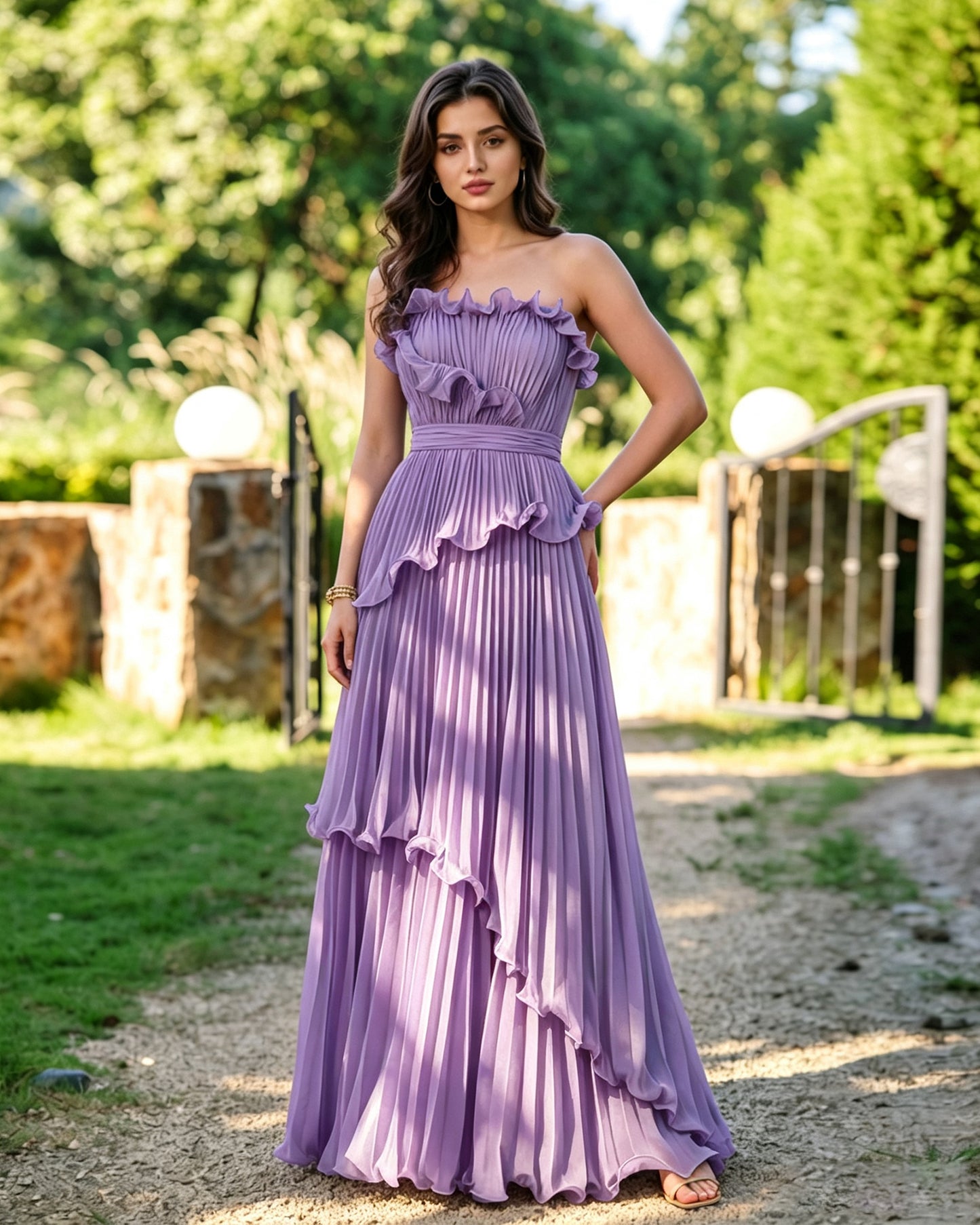 Strapless Ruffle Pleated Formal Dress with Tiered Dress