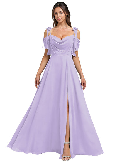 Cowl Neck Cold Shoulder Bridesmaid Dress with High Slit Chiffon Dress