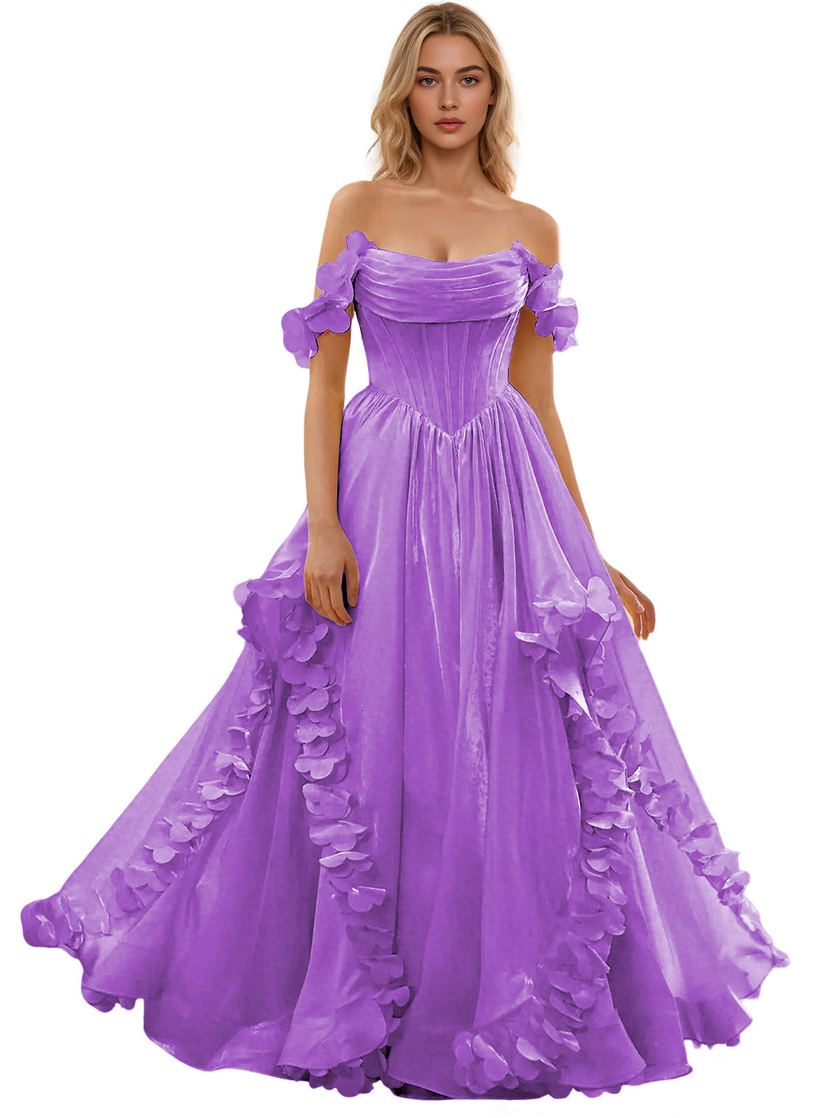 Off Shoulder Ruffle Tulle Ball Gown Prom Dress with Floral Applique