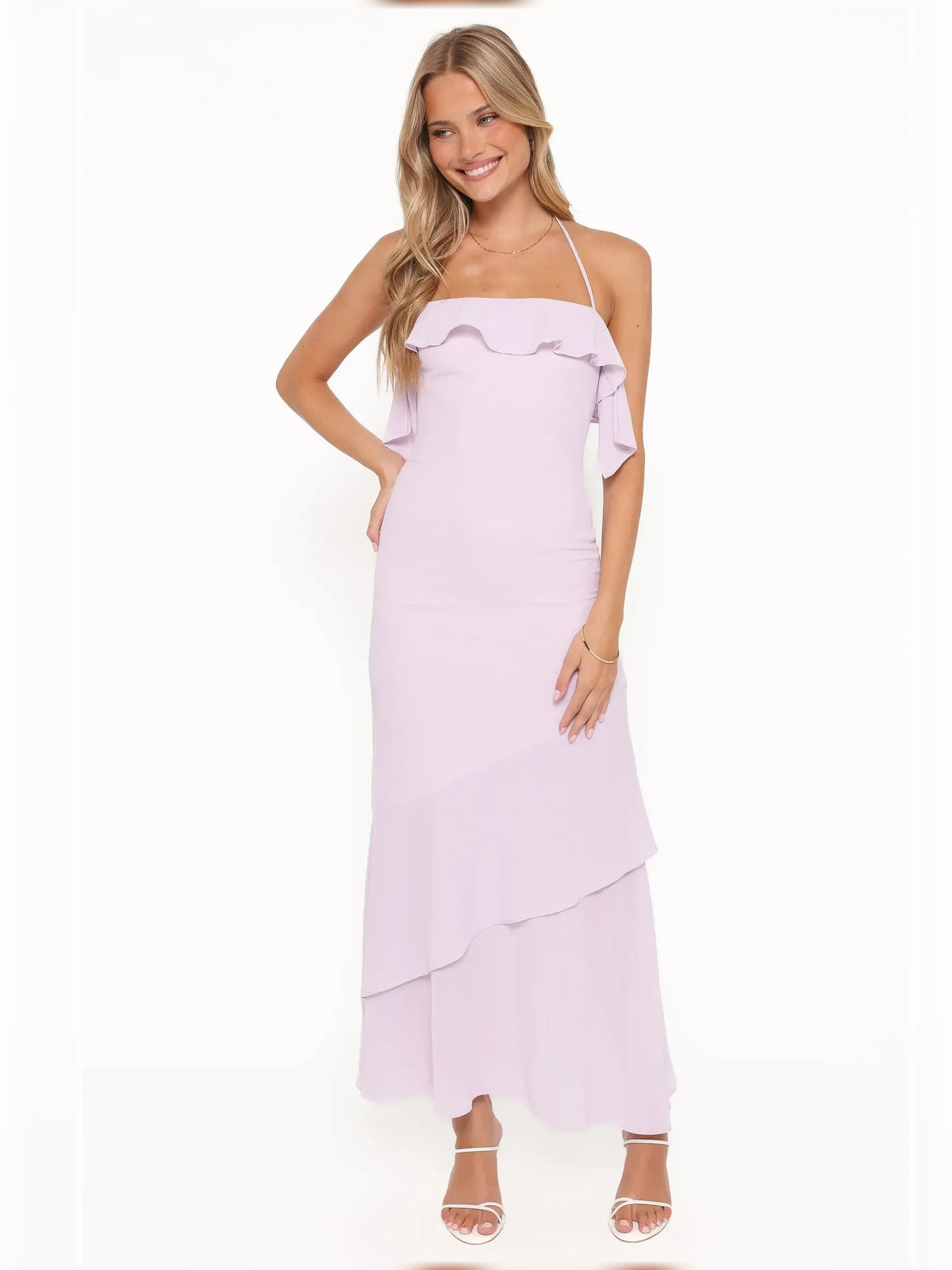 Halter Neck Tiered Ruffles Midi Formal Dress