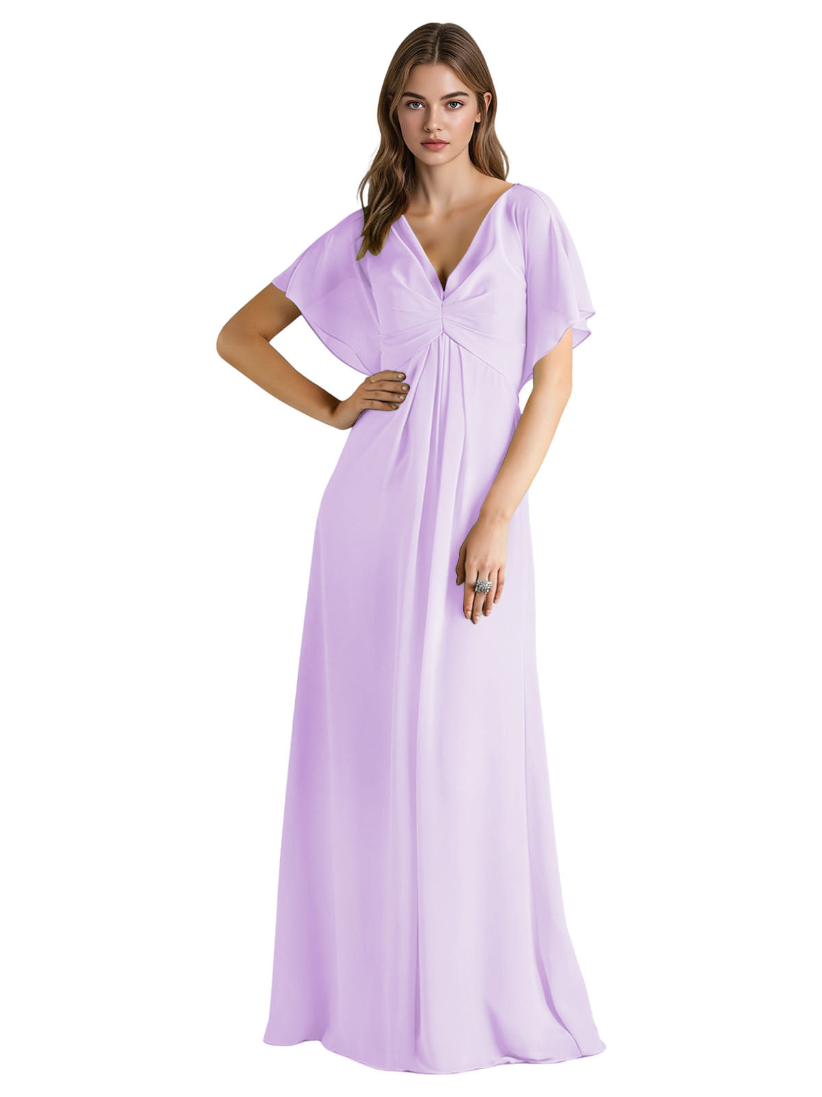 Short Sleeve V-Neck Chiffon Bridesmaid Dress with Gathered Waist