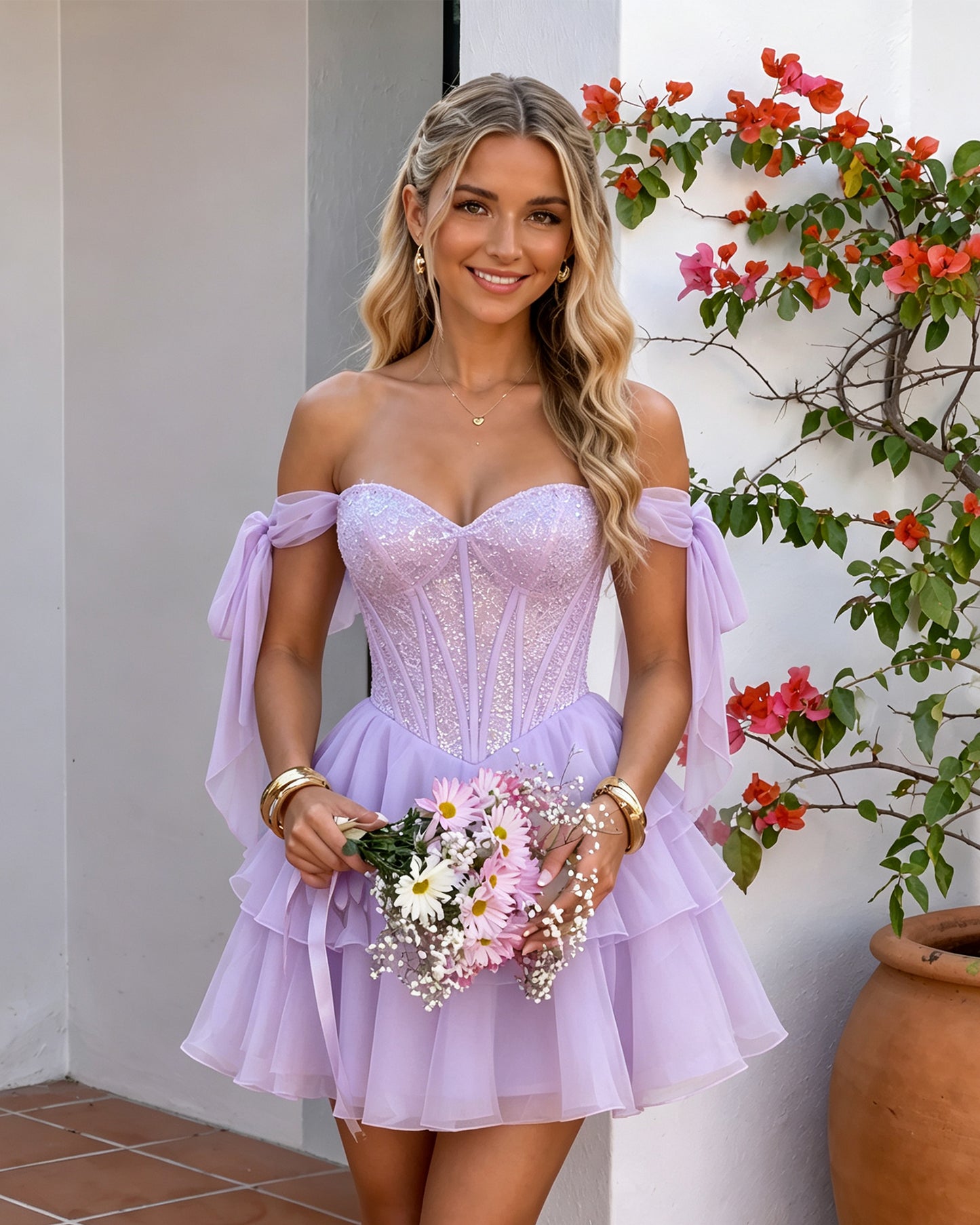 Off-Shoulder Lace Corset Tiered Tulle Homecoming Dress