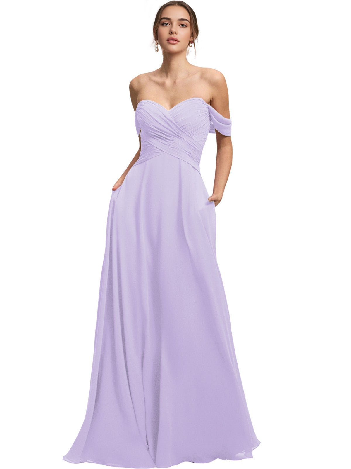 Off Shoulder Chiffon Bridesmaid Dress with Draped Bodice and A-Line Dress
