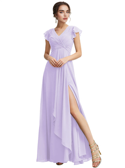 Cap Sleeve Chiffon Bridesmaid Dress with Ruffle V-Neck and Slit