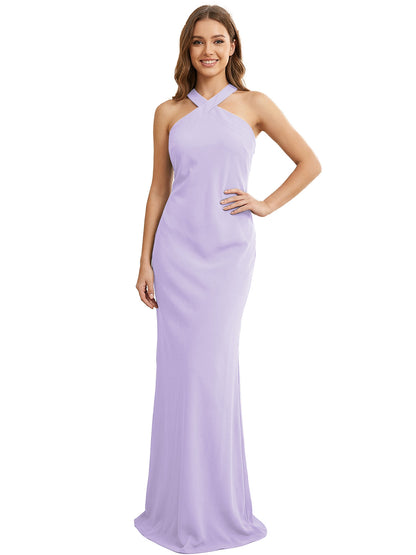 High Neck Halter Bridesmaid Dress with Sleek Column Silhouette