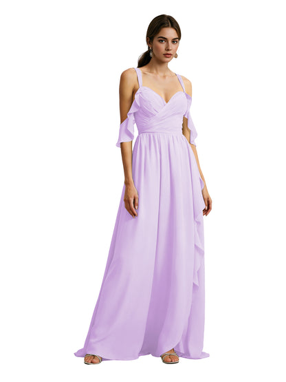 Cold Shoulder Chiffon Bridesmaid Dress with Draped V-Neck Bodice