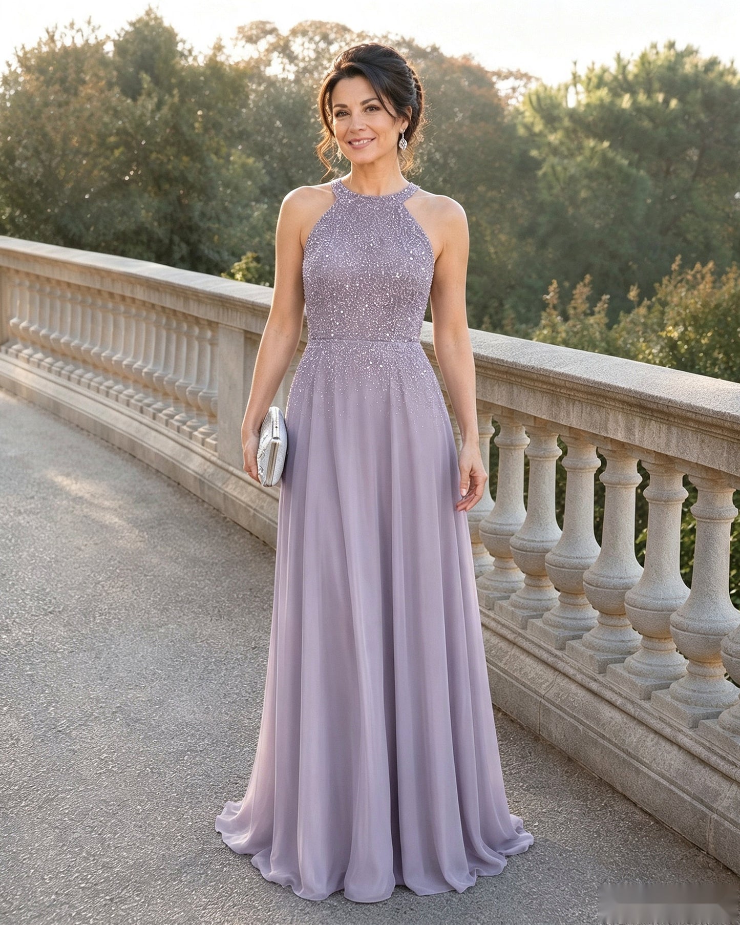 Halter Neck Sequin Chiffon A-Line Mother of the Bride Dress
