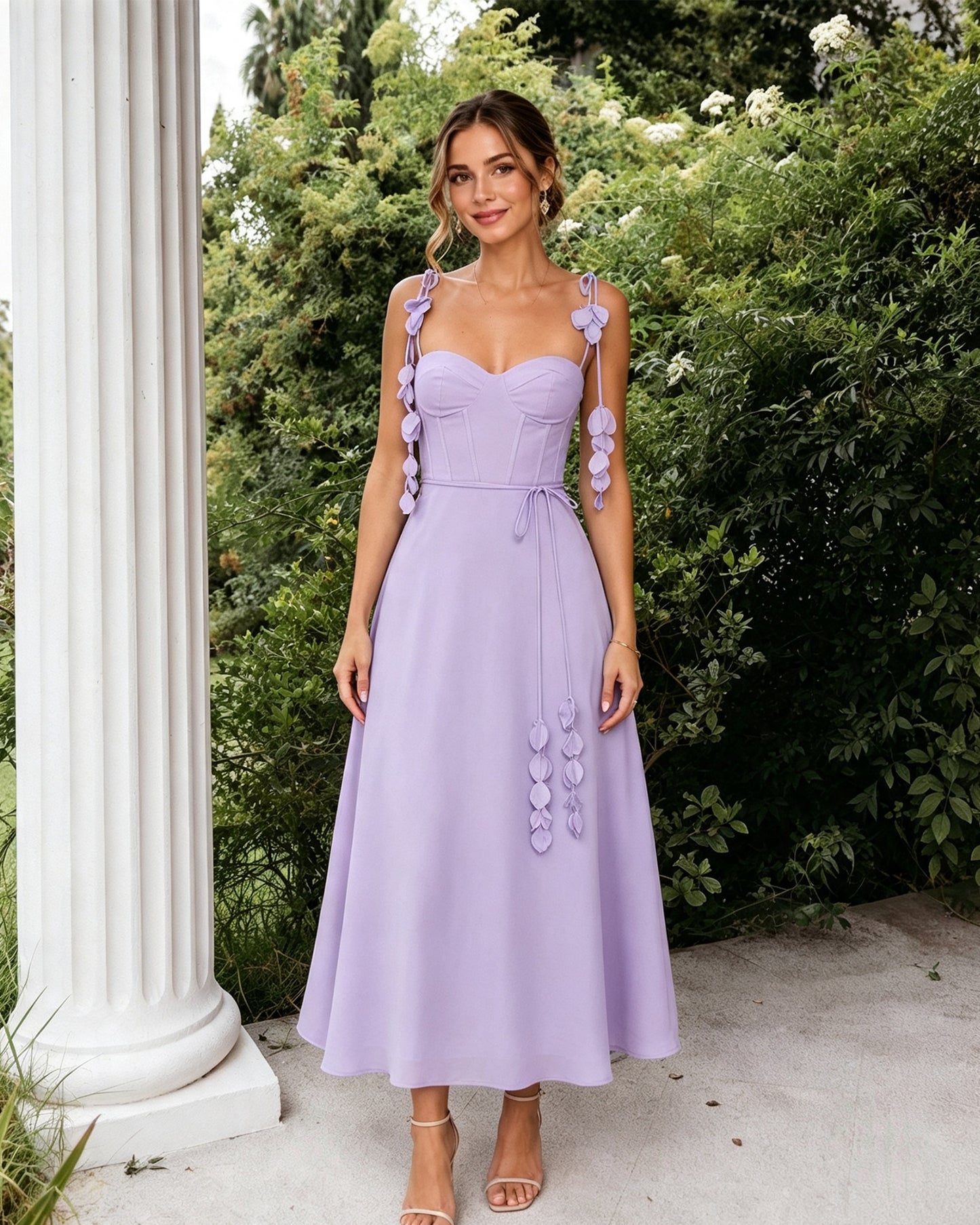 Sweetheart Floral Strap A-Line Midi Bridesmaid Dress with Corset Bodice