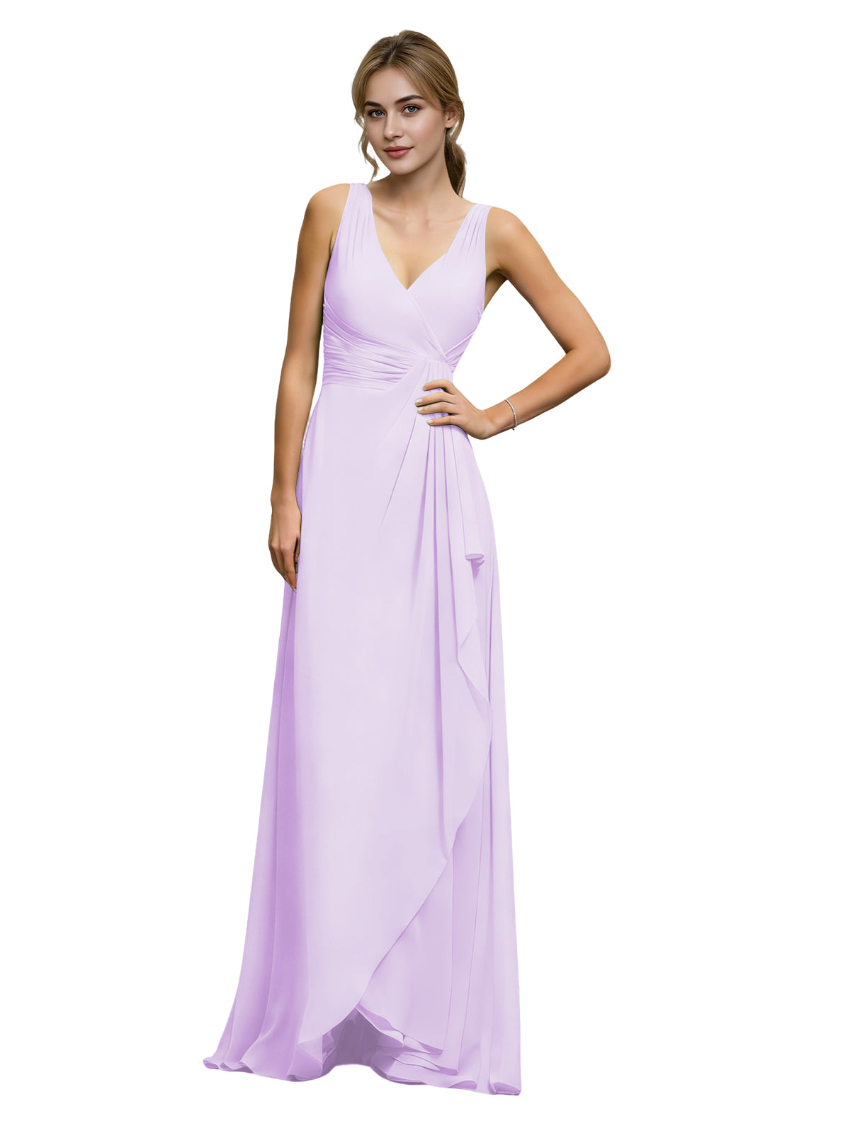 Halter V-Neck Chiffon Bridesmaid Dress with Draped Sash Waist