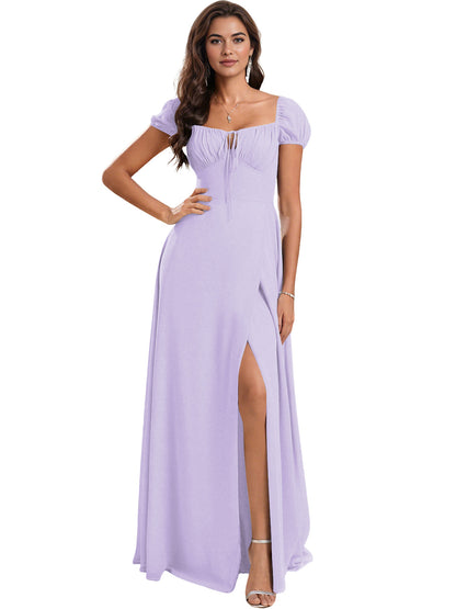 Ruched Short Sleeve Chiffon Bridesmaid Dress with Side Slit