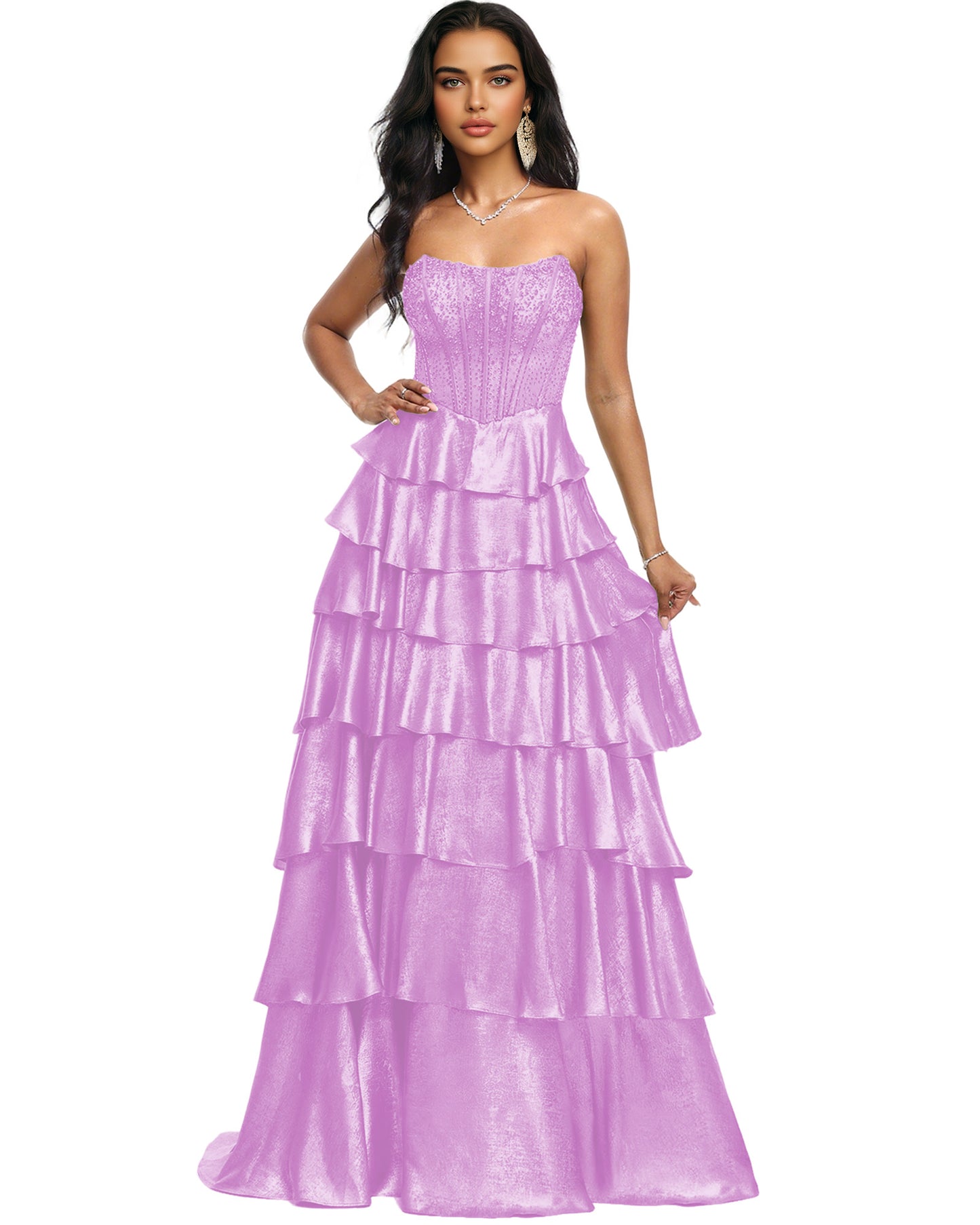 Strapless Tiered Sequin A-Line Prom Dress with Ruffle Layers