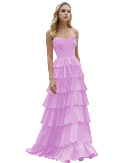 Strapless Tiered Ruffle A-Line Prom Dress with Corset Bodice