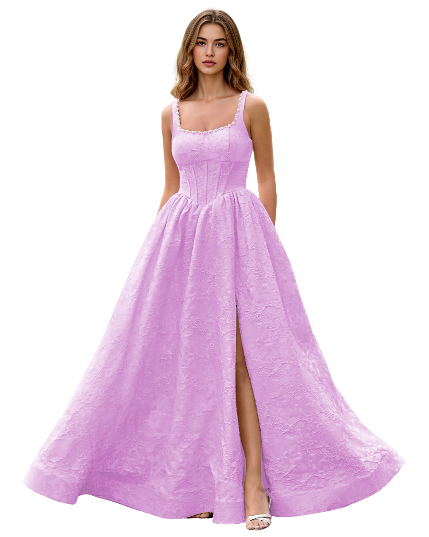 Square Neck Jacquard Ball Gown Prom Dress with Wide Straps and Pockets