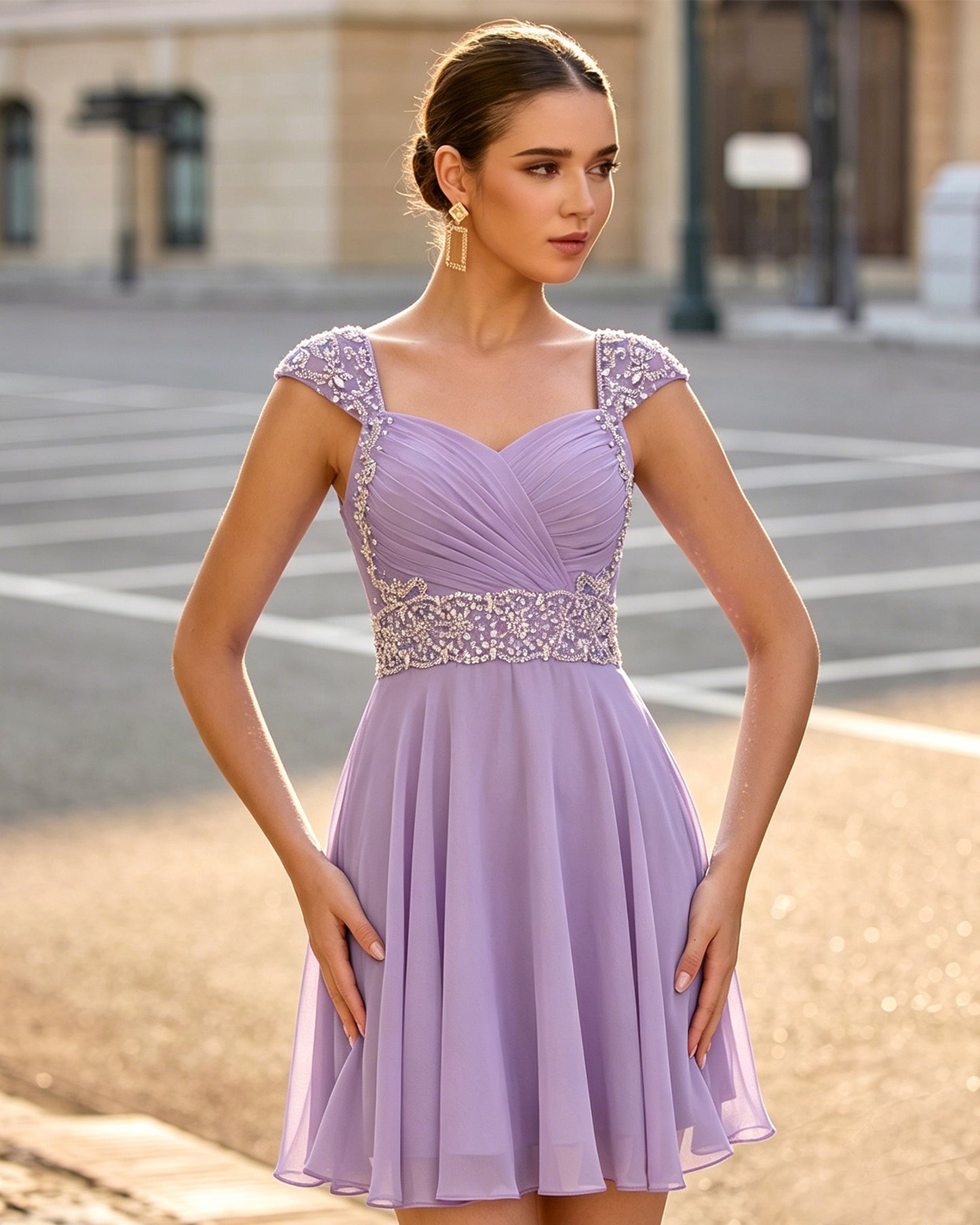 Sweetheart Ruched Chiffon Short Homecoming Dress with Beaded Cap Sleeves
