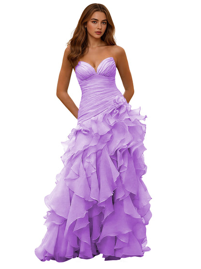 Strapless Organza Ruffle Ball Gown Prom Dress with Draped Corset Bodice