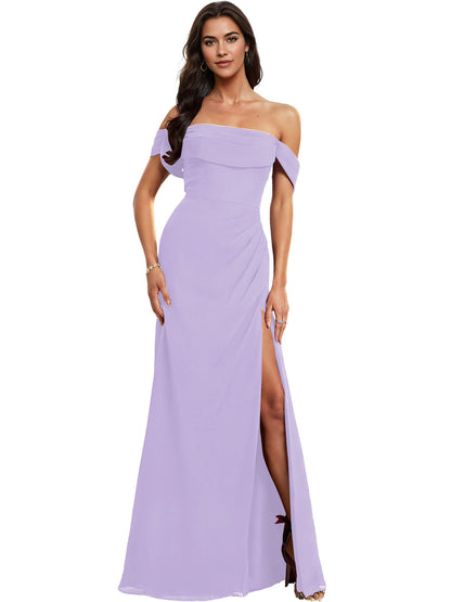 Off Shoulder Crepe Bridesmaid Dress with Foldover Neckline and Slit