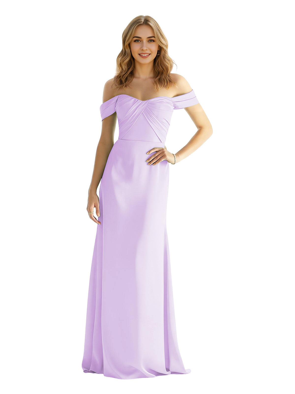 Sweetheart Off Shoulder Satin Bridesmaid Dress with Wrapped Bodice