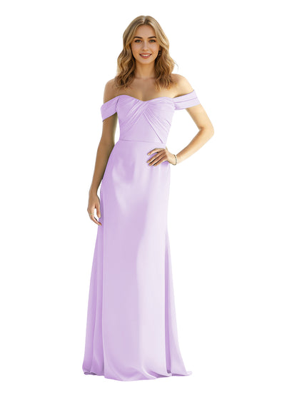 Sweetheart Off Shoulder Satin Bridesmaid Dress with Wrapped Bodice