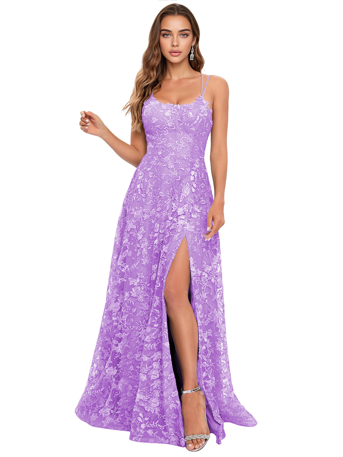 Scoop Neck Lace A-Line Prom Dress with Spaghetti Straps and Side Slit