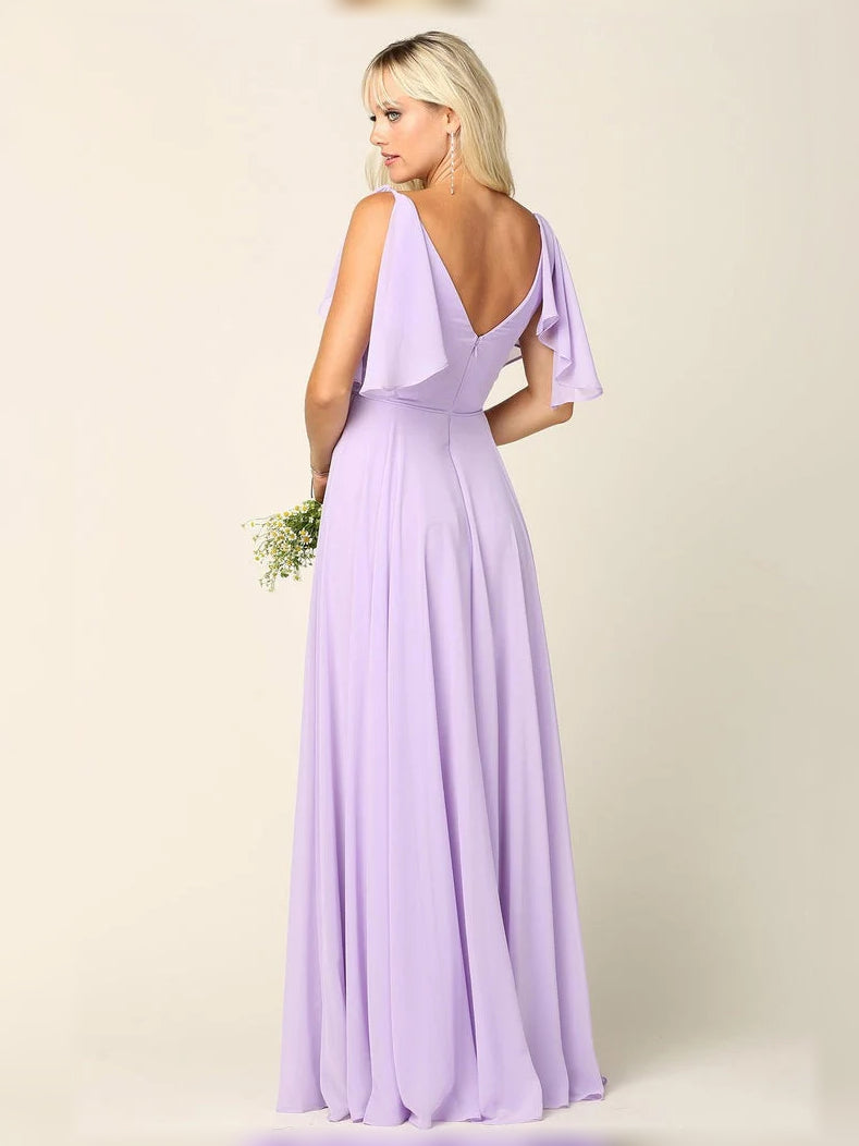 Ruffled V Neck A-Line Maxi Chiffon Bridesmaid Dress for Wedding Reception