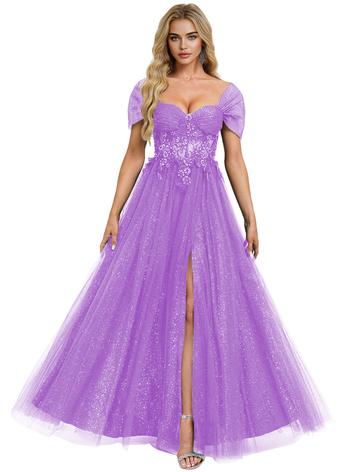 Short Sleeve Glitter Tulle Prom Dress with Illusion Bodice and Slit