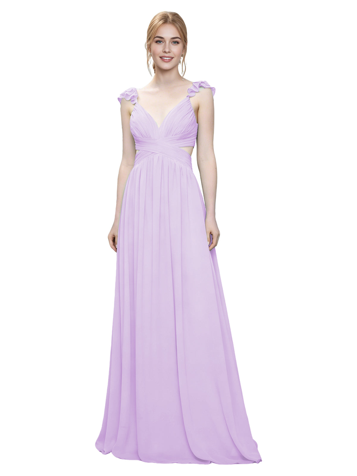 Ruffle Strap V-Neck Tulle Bridesmaid Dress with Pleated Waist
