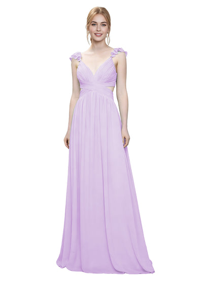 Ruffle Strap V-Neck Tulle Bridesmaid Dress with Pleated Waist