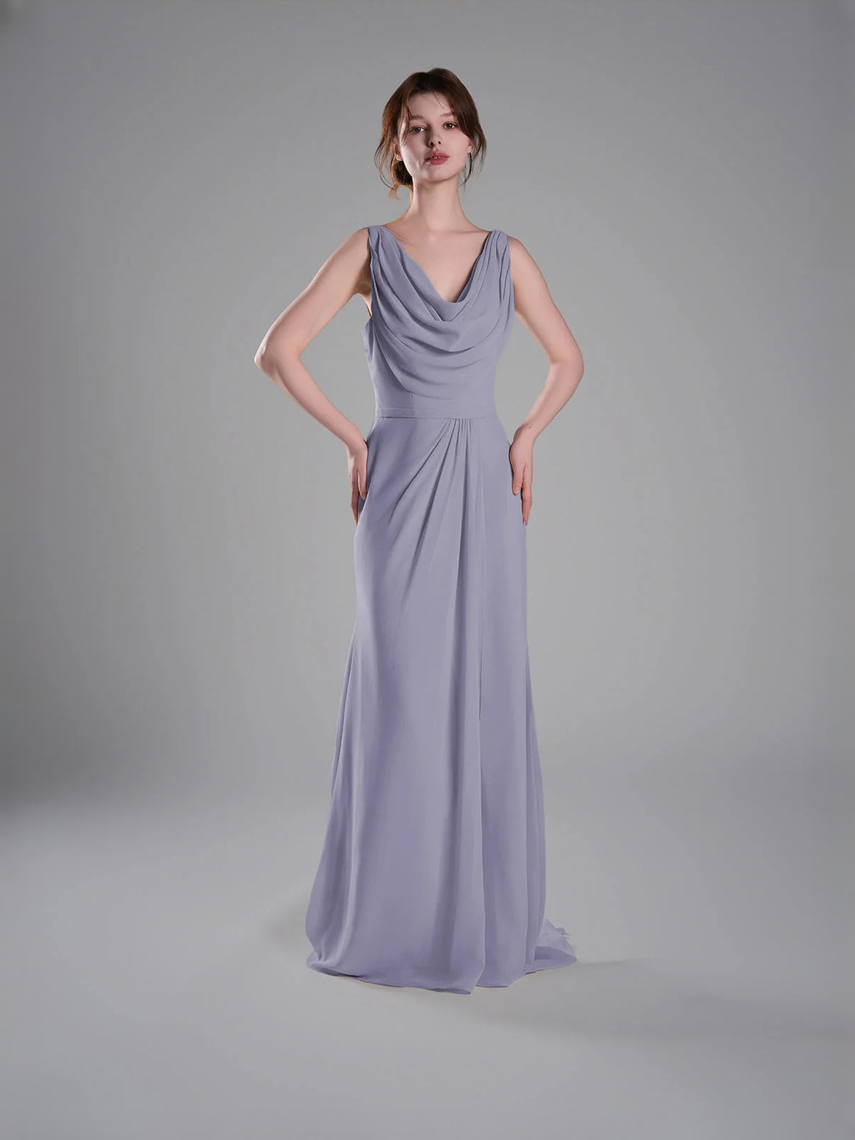 Cowl Neck Sheath Maxi Chiffon Bridesmaid Dress for Formal Wedding