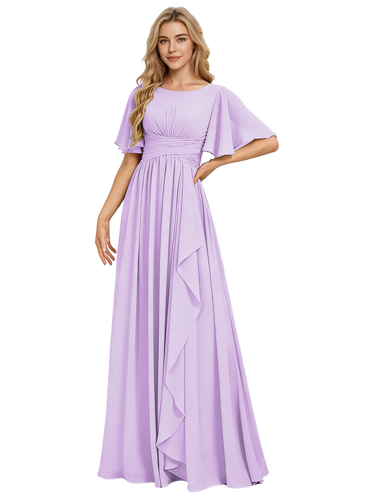 Flutter Sleeve Chiffon Bridesmaid Dress with Tiered Front Ruffle