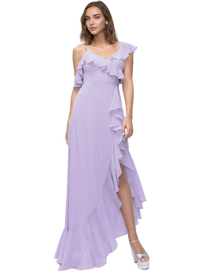 Asymmetrical Ruffle Chiffon Bridesmaid Dress with High Low Slit