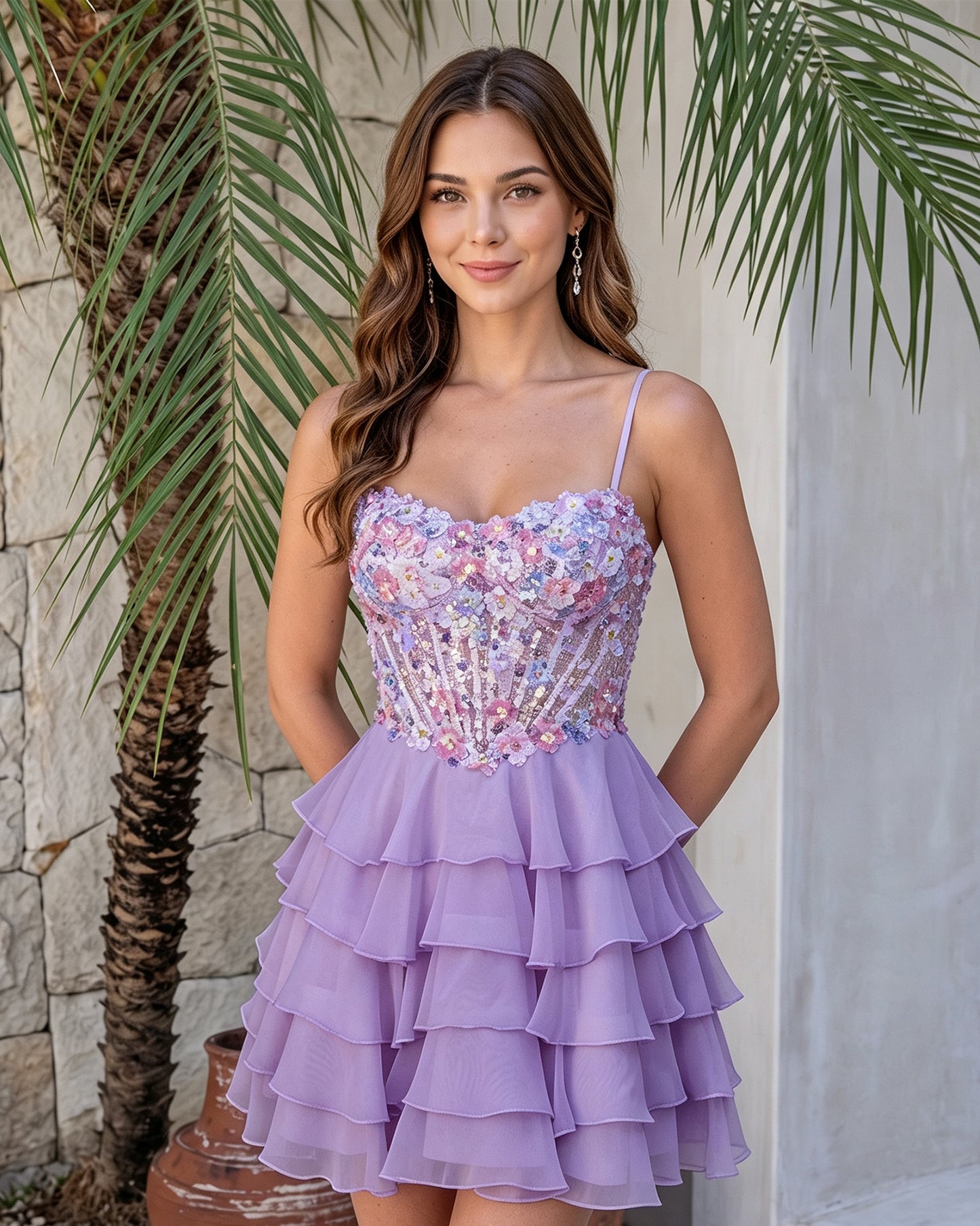 Spaghetti Strap Floral Embroidered Corset Ruffle Mini Homecoming Dress