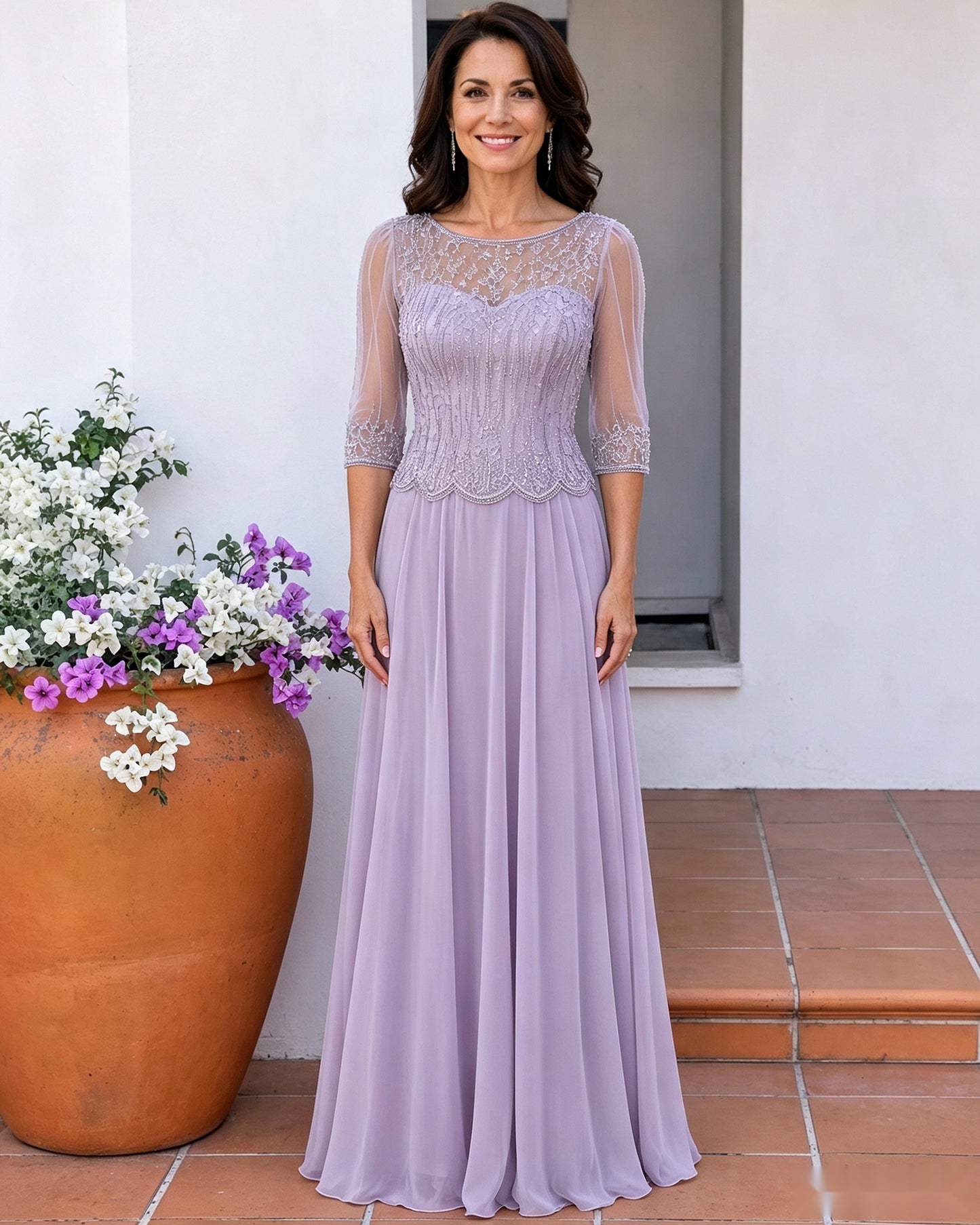 Illusion Lace Three-Quarter Sleeve A-Line Mother of the Bride Dress