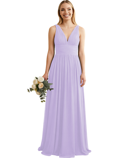 Deep V-Neck Chiffon Bridesmaid Dress with Pleated Waist