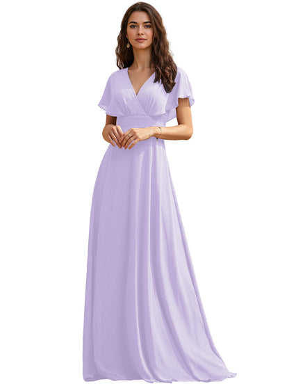 Flutter Sleeve V-Neck Chiffon Bridesmaid Dress with Flowing dress