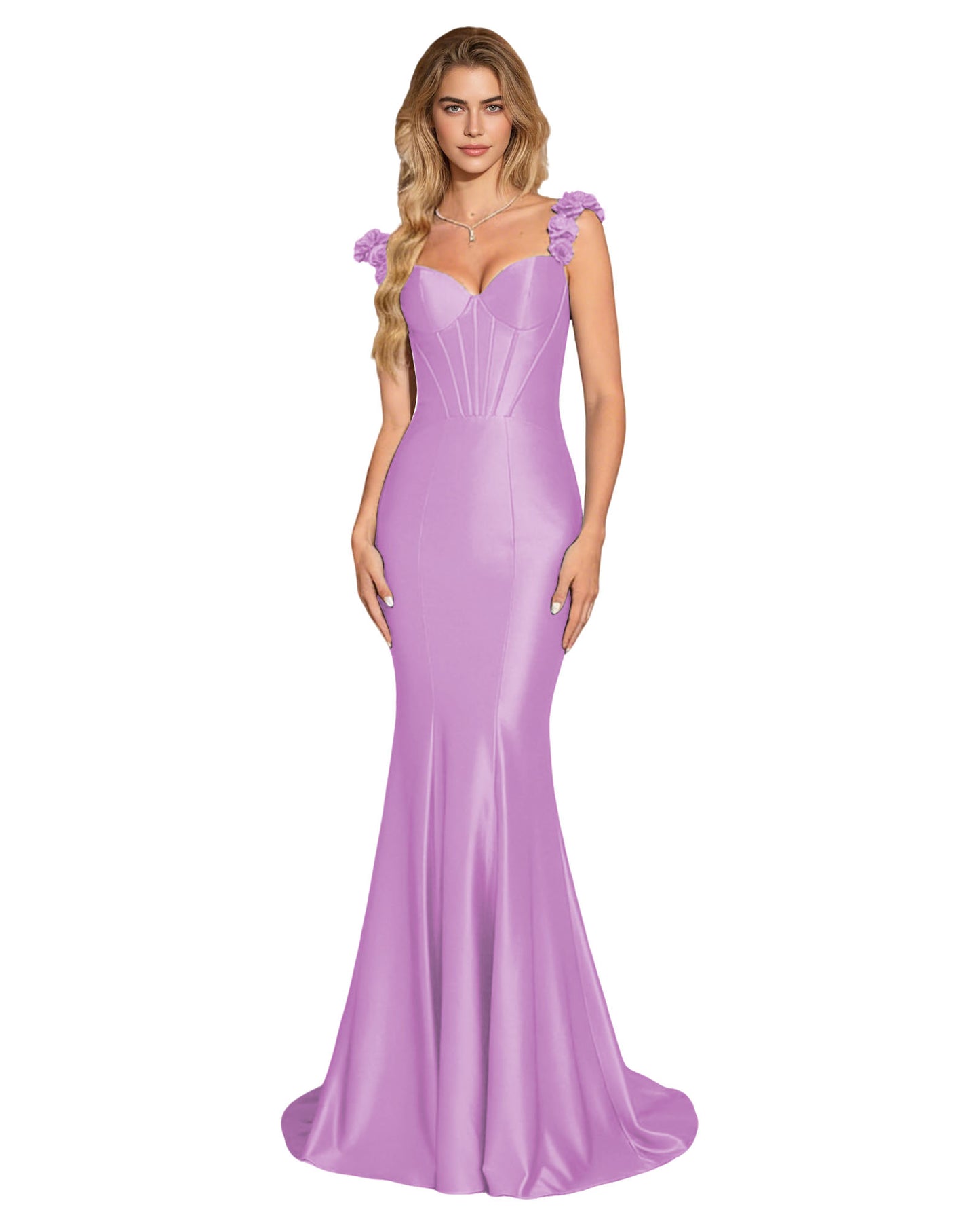 Floral Strap Satin Mermaid Prom Dress with Corset Bodice and Sweep Train