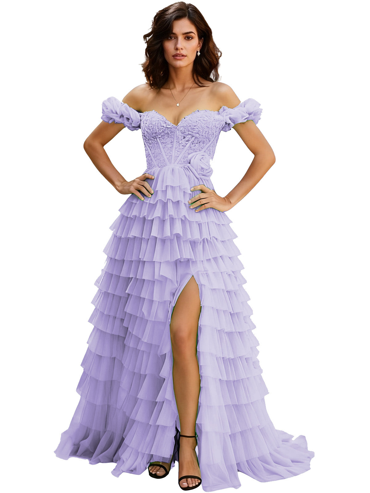 Off Shoulder Tulle Ball Gown Prom Dress with Ruffle Sleeves and Slit