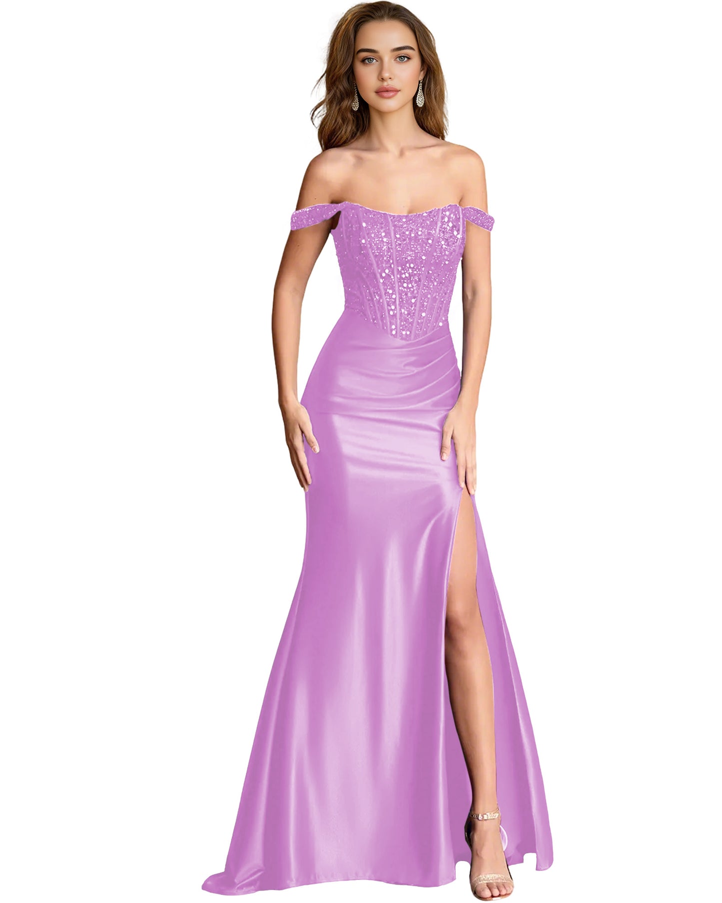 Off Shoulder Sequin Satin Mermaid Dress with Draped dress Slit