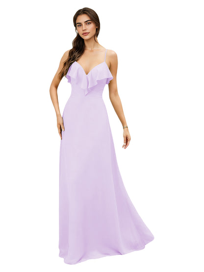 Ruffle V-Neck Chiffon Bridesmaid Dress with Spaghetti Straps