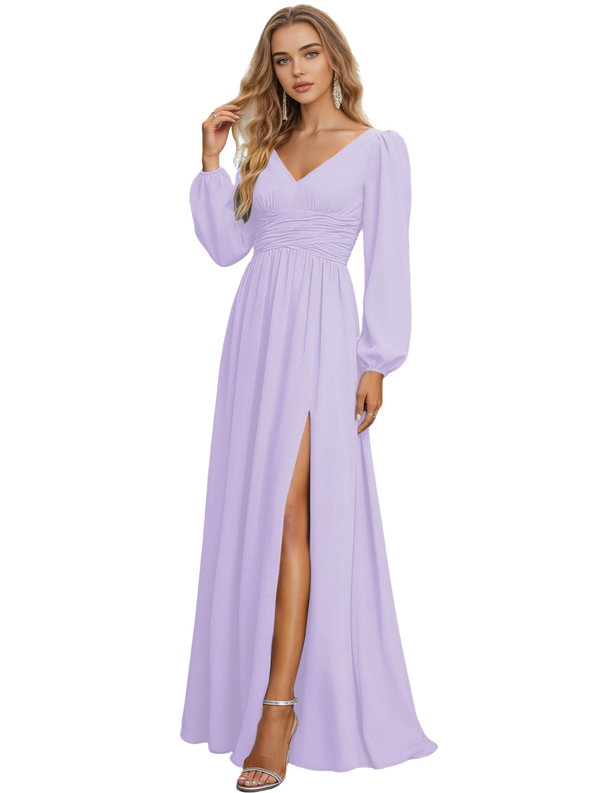 Long Sleeve V-Neck Chiffon Bridesmaid Dress with Front Slit