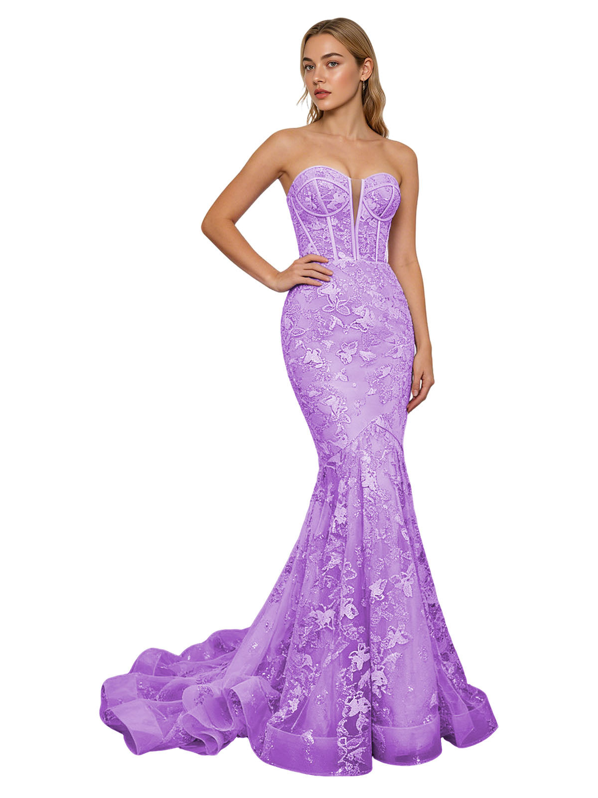 Strapless Lavender Lace Mermaid Prom Dress with Sheer Corset and Train