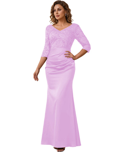 Mother of the Bride Dress Long Lace Mermaid Formal Gown with 3/4 Sleeves