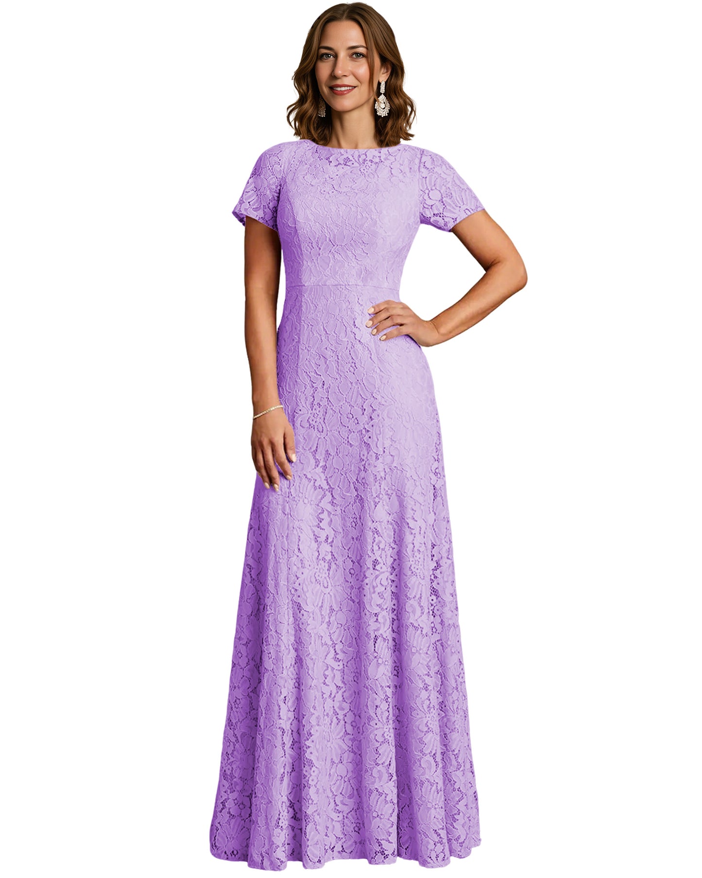 Long Lace Mother of the Bride Dress Short Sleeve Mermaid Gown with Crew Neckline