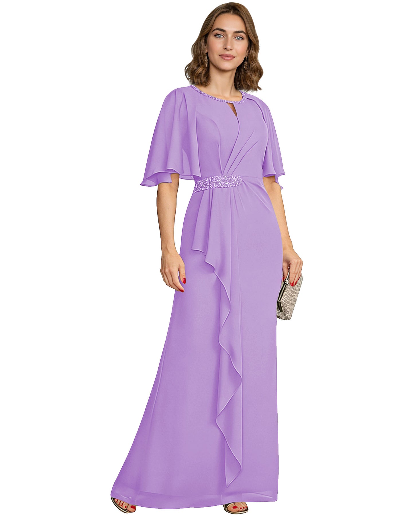 Long Mother of the Bride Dress Chiffon Flutter Sleeve Beaded Waist Formal A-Line Gown