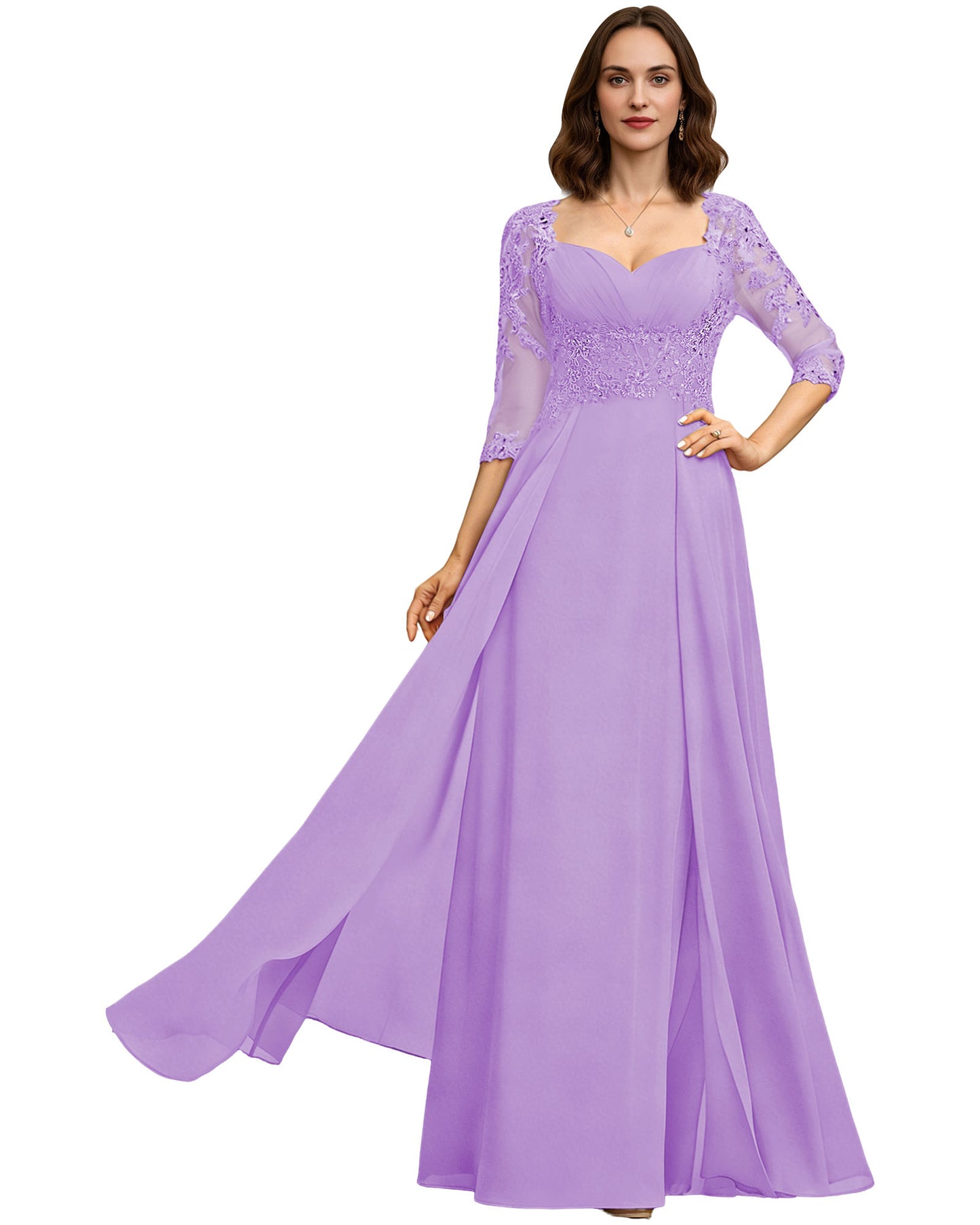 Long Sweetheart Mother of the Bride Dress Lace 3/4 Sleeve Chiffon A-Line Gown