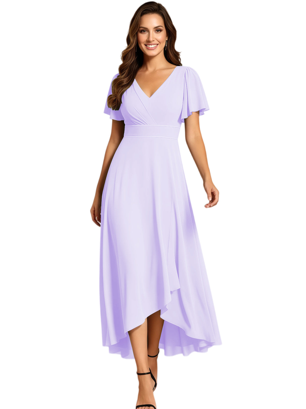 High Low Mother of the Bride Dress V-Neck Flutter Sleeve Chiffon Formal Gown