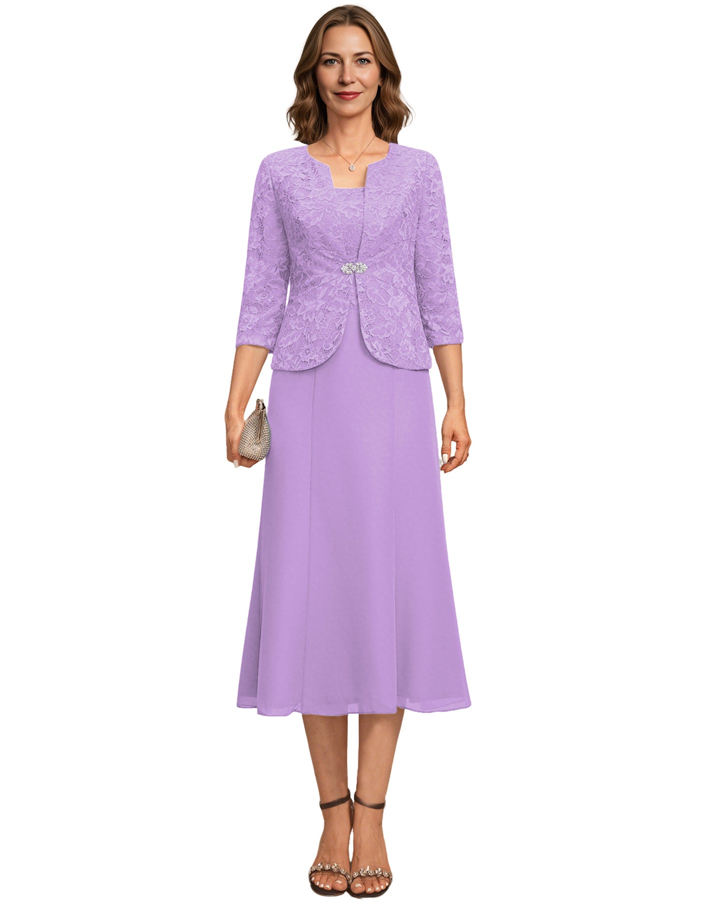 Tea Length Mother of the Bride Dress Lace Jacket Chiffon A-Line Wedding Guest Outfit